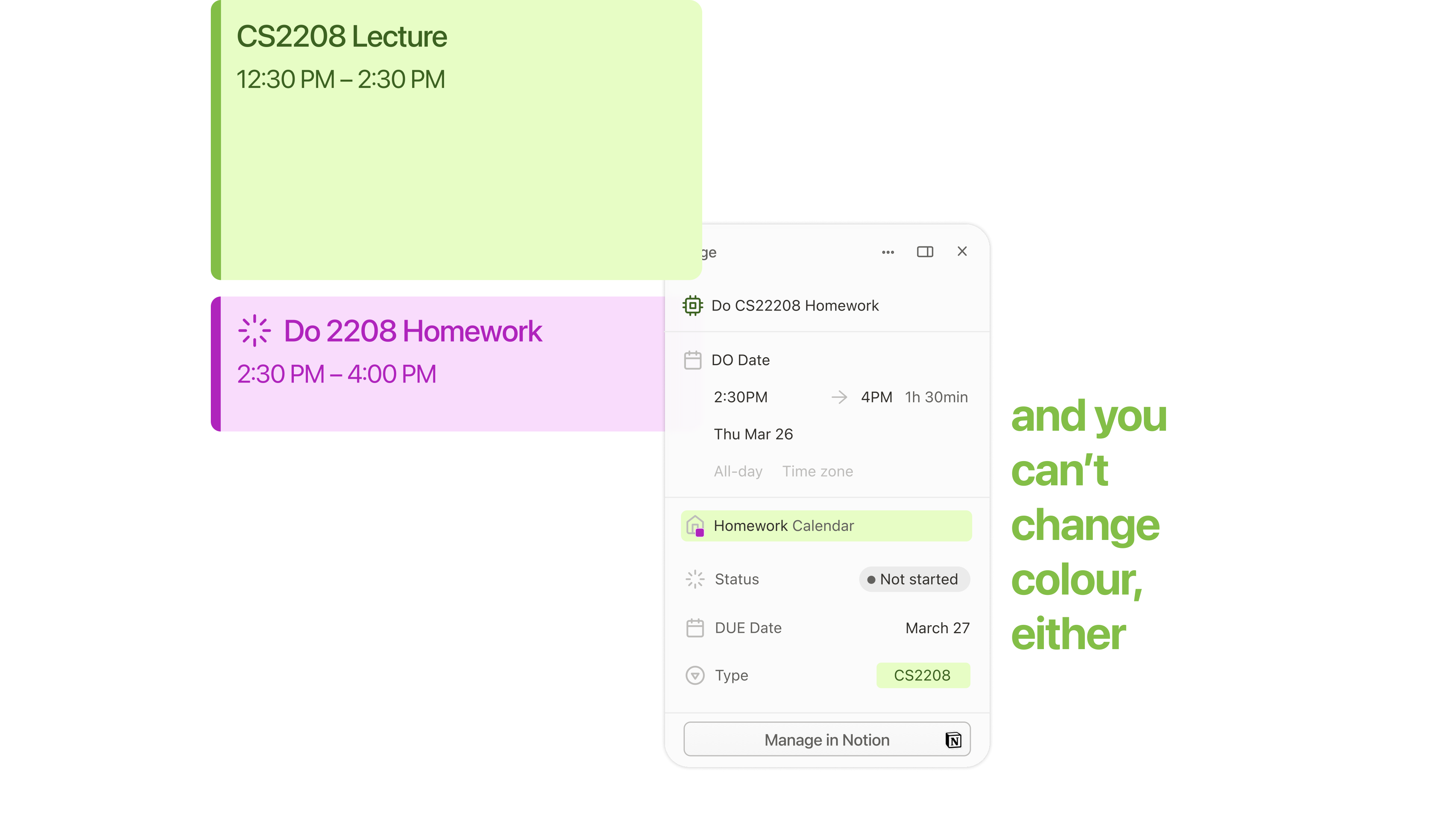 Notion Calendar Problem: Cannot change color by property